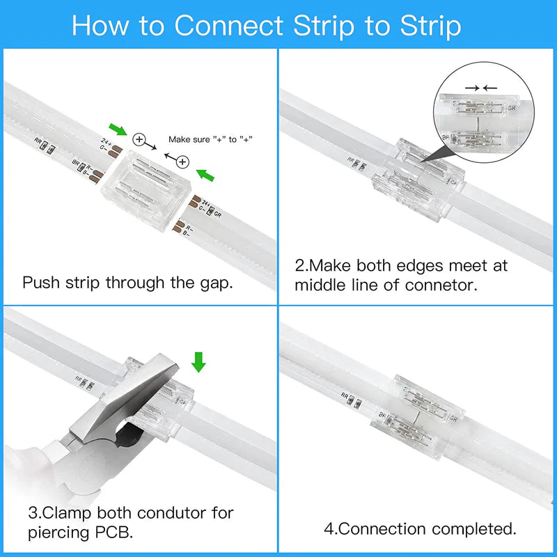 LightingWill LED Strip Connector 10mm 4Pin Transparent Solderless Clips, LED Light Strip Connector Strip to Wire Strip to Strip Female Plug Connector for RGB Strip, Bulk 500pcs MOQ Factory Direct