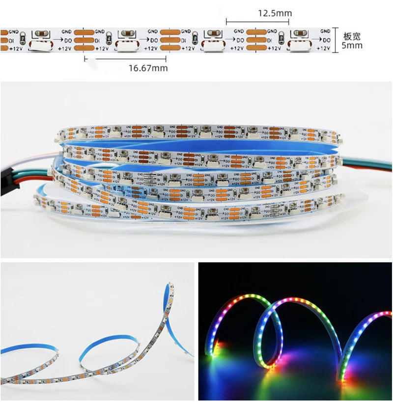 LightingWill WS2812 Side Emitting RGBIC LED Strip Light DC5V 12V 5mm PCB SMD4040 Individually Addressable 60 LEDs/m Non Waterproof Flowing LED Strip for Party Decoration DIY Lighting 5M 50M