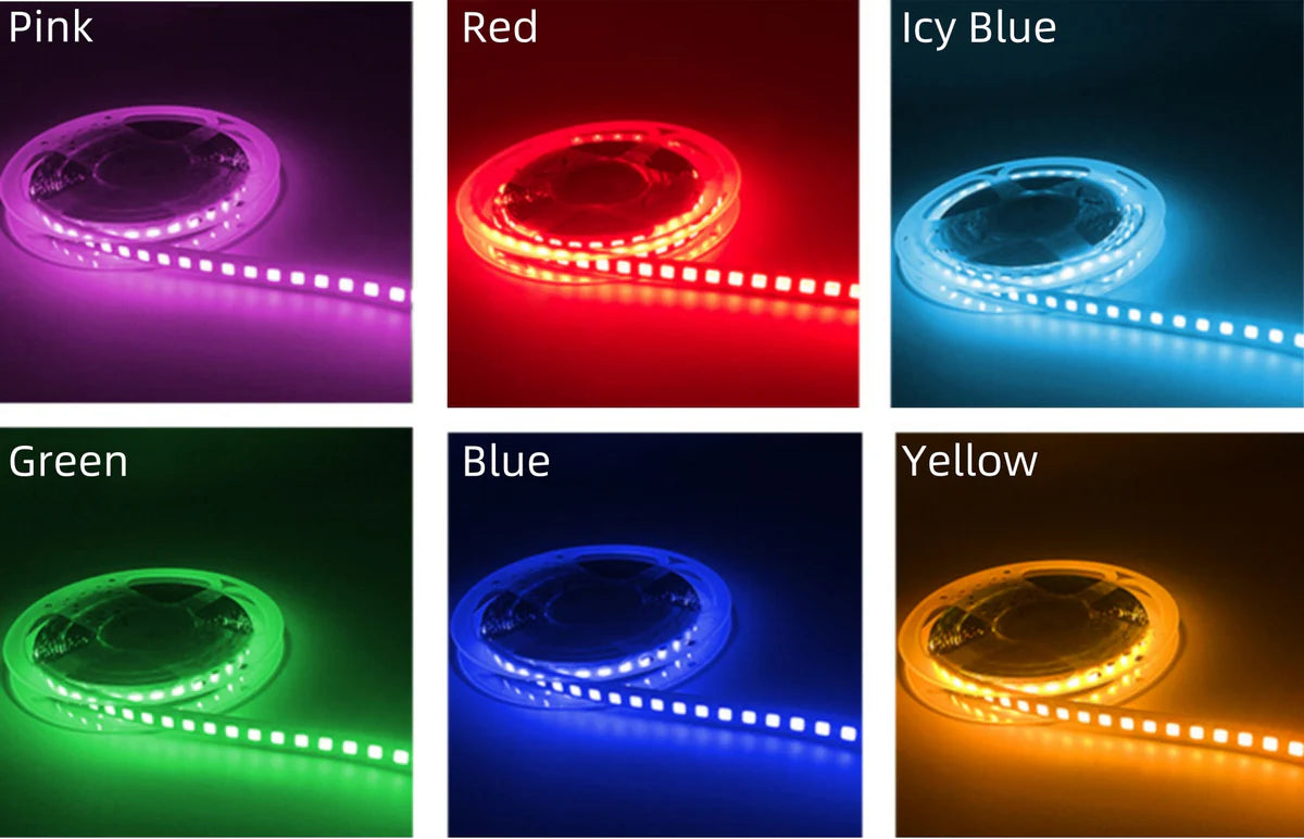 SMD2835 LED Strip Light, 5m Roll | 12V DC | 120 LEDs/m | 10W/m | Standard Brightness | Red / Green / Blue / Yellow / Pink / Icy Blue | 8mm PCB | IP00 / IP67 Waterproof Options