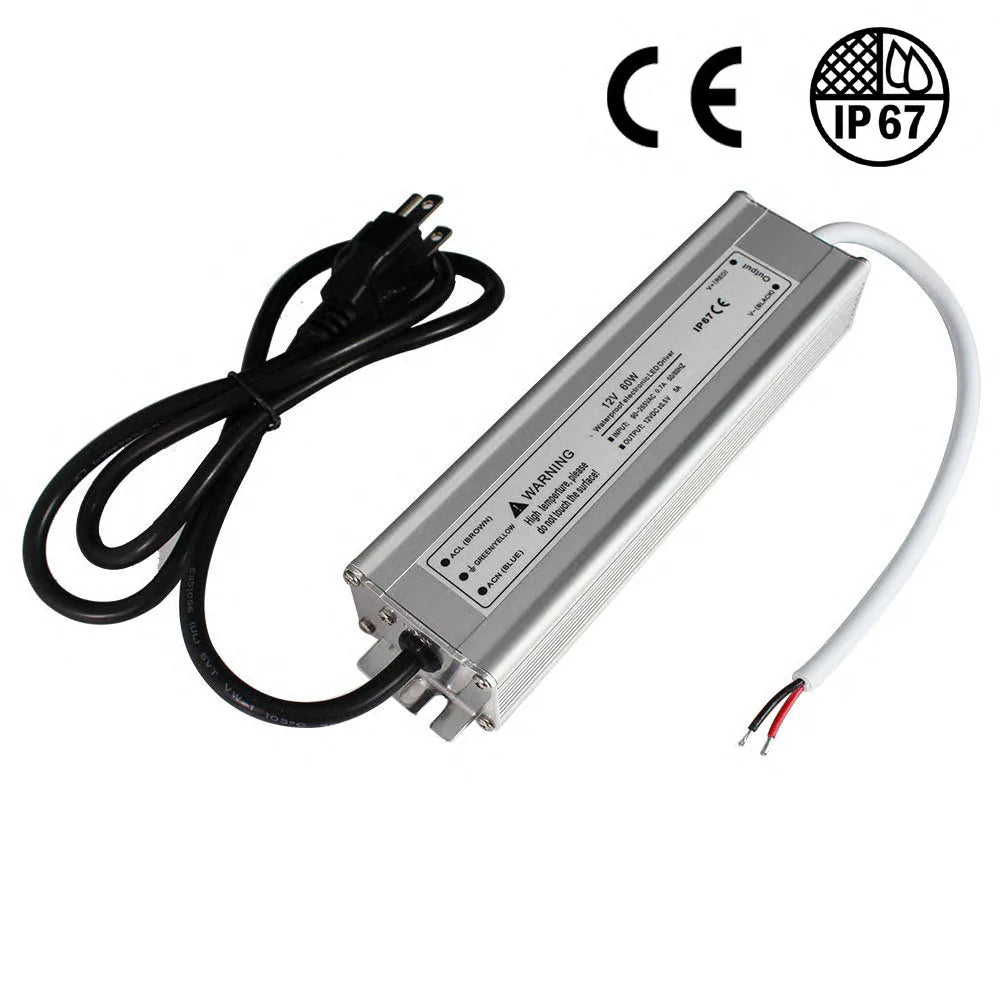 Waterproof IP67 LED Power Supply 110V 220V AC to 12V DC Driver Transformer 3-Prong Plug 3.3 Feet Cable