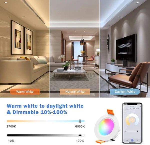 Smart RGB Downlight – WiFi Recessed Lighting, 2 Inch 5W, Dimmable RGB + CCT 2700–6500K, Works with Alexa & Google, 100–240V, White Housing, 4 / 6 / 10 Pack Options