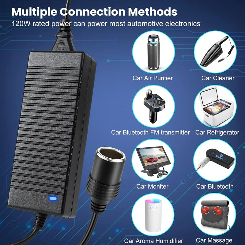 Cigarette Lighter Desktop Power Supply Adapter DC 12V 60W–120W, AC 100–240V Input Converter Transformer with US/UK Plug for Car Accessories, Air Pump, Cooler, Electronics