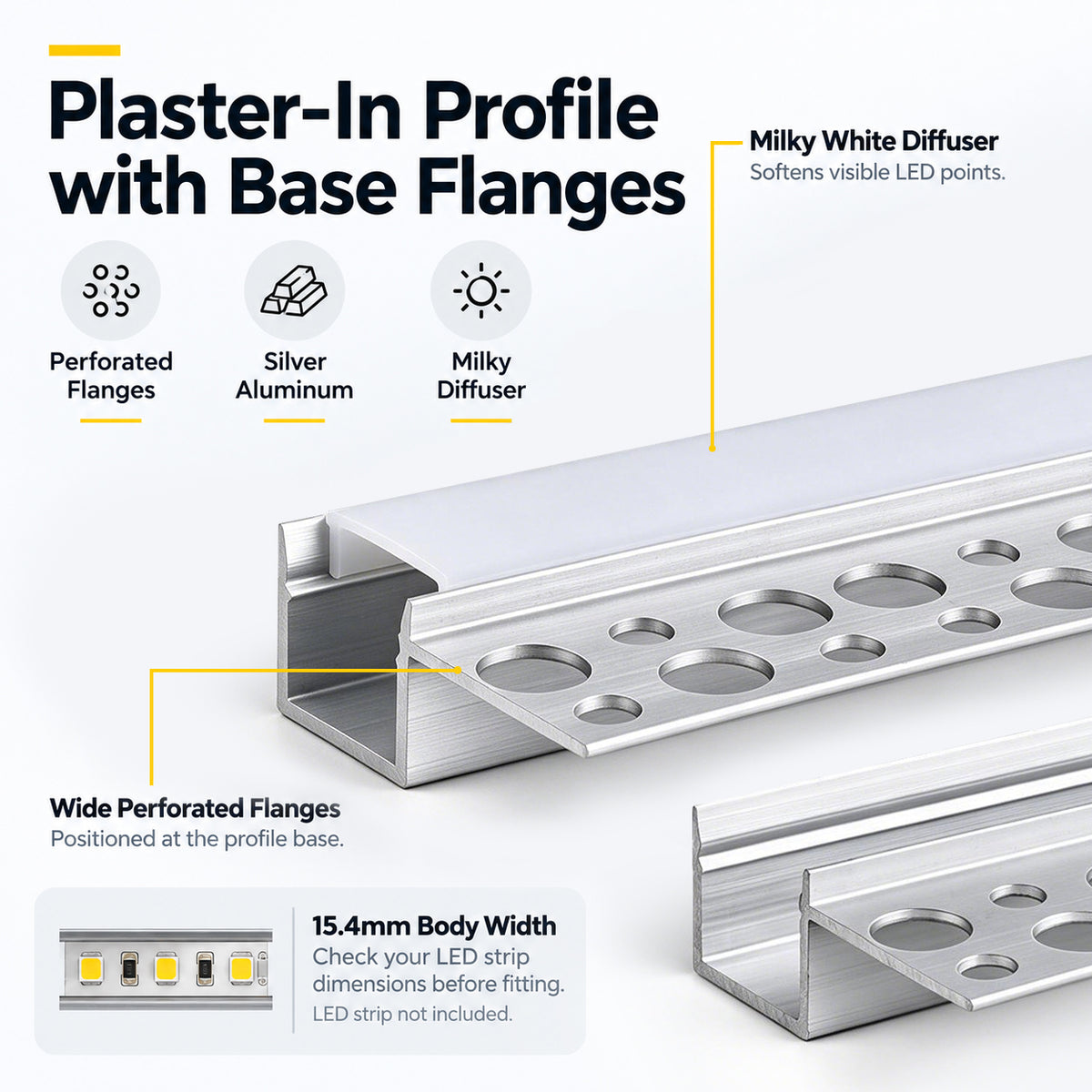 Silver XT-1138 One-Sided LED Aluminum Channel for Plaster-In Drywall, Fits LED Strips Up to 13mm Wide, with Milky White Diffuser