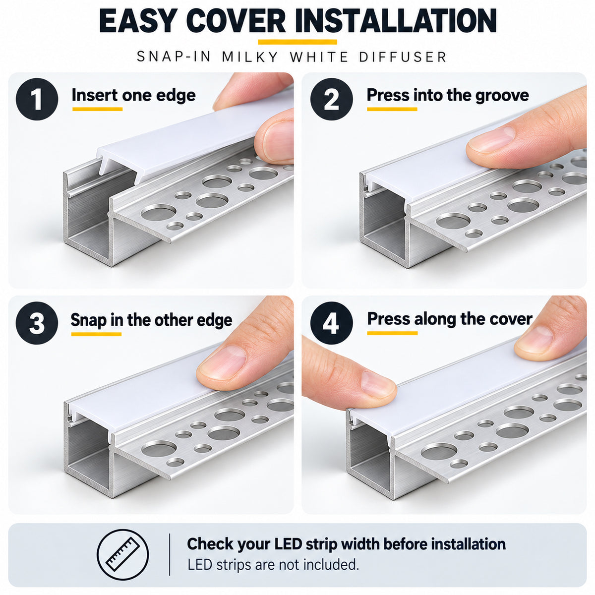 Silver XT-1138 One-Sided LED Aluminum Channel for Plaster-In Drywall, Fits LED Strips Up to 13mm Wide, with Milky White Diffuser