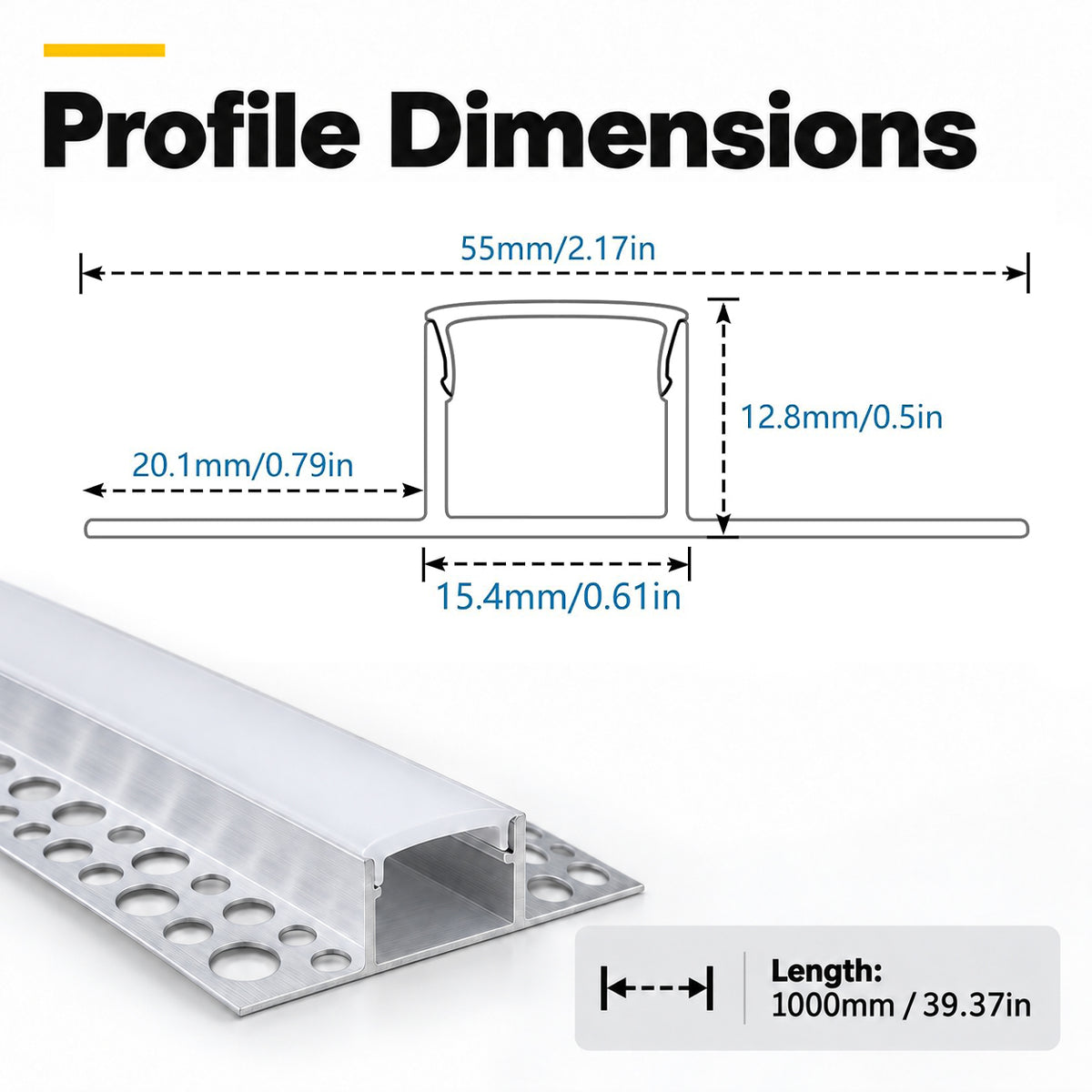 Silver XT-928 Double-Sided LED Aluminum Channel for Plaster-In Drywall, Fits LED Strips Up to 13mm Wide, with Milky White Diffuser
