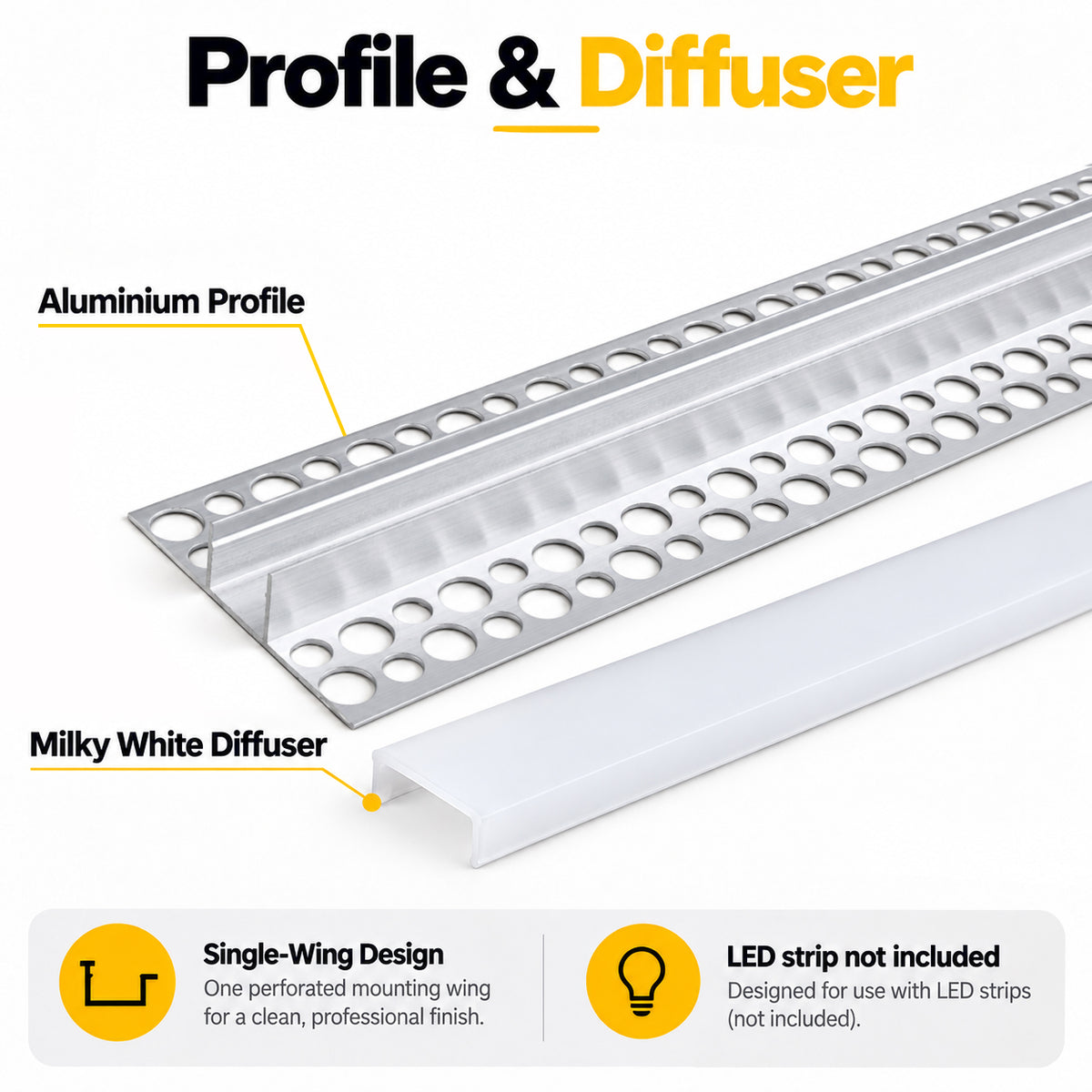 Silver XT-928 Double-Sided LED Aluminum Channel for Plaster-In Drywall, Fits LED Strips Up to 13mm Wide, with Milky White Diffuser