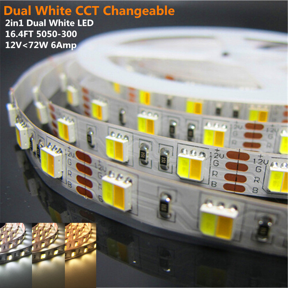 12 VDC &lt;72 W 6 Ampere 16,4 Fuß (5 Meter) pro Rolle SMD5050-300 2in1 Dual White LED Farbtemperatur CCT Einstellbares flexibles LED-Streifenlicht 60 LED 14,4 Watt pro Meter Weißes PCB-Bandlicht