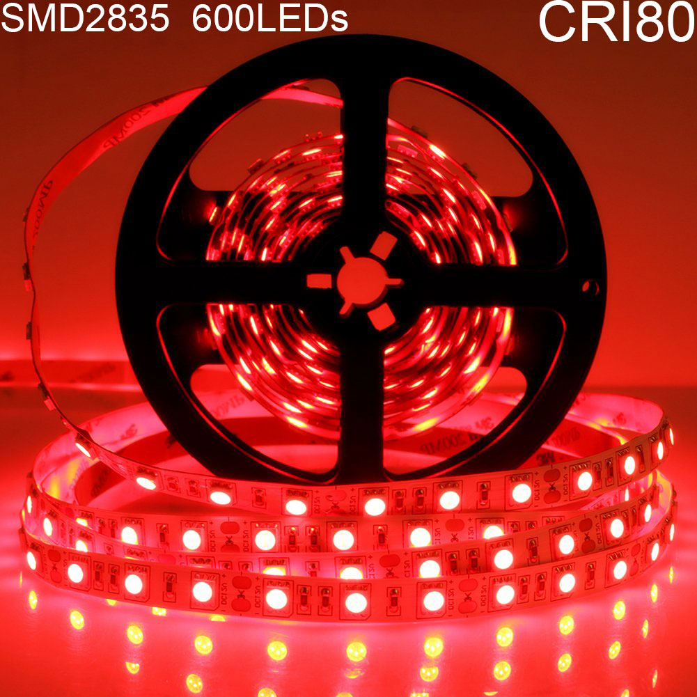 DC12V Red/Blue/Yellow/Green 84W 7A 5Meter (16.4Ft) SMD2835 600LEDs/Roll Color Rendering Index CRI80 Flexible LED Strips 1900LM/M 8mm Wide White PCB