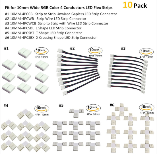 10pcs Pack Solderless Snap Down 4Conductor LED Strip Connectors for 10mm Wide SMD5050 RGB Color Flex LED Strips