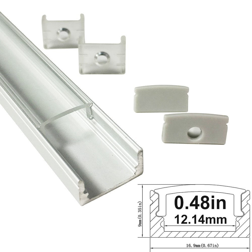 Silbernes U02 9 x 17 mm U-förmiges Innenprofil, Breite 12 mm, LED-Aluminium-Kanalsystem mit Abdeckung, Endkappen und Befestigungsclips für die Installation von LED-Lichtstreifen