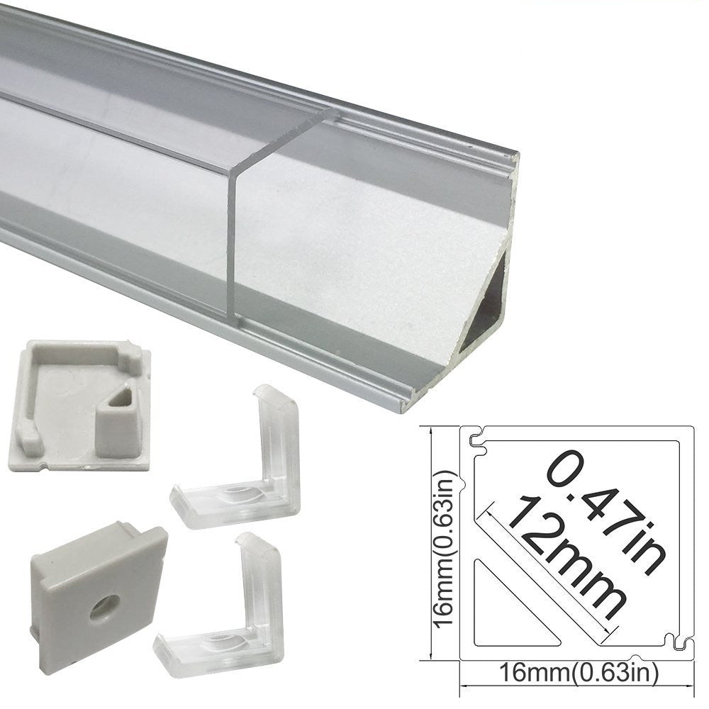 Silber V01 16x16mm V-förmige vertikale Winkelabdeckung Innenbreite 12mm Eckmontage LED-Aluminiumkanal mit Endkappen und Montageclips Aluminium-Extrusion