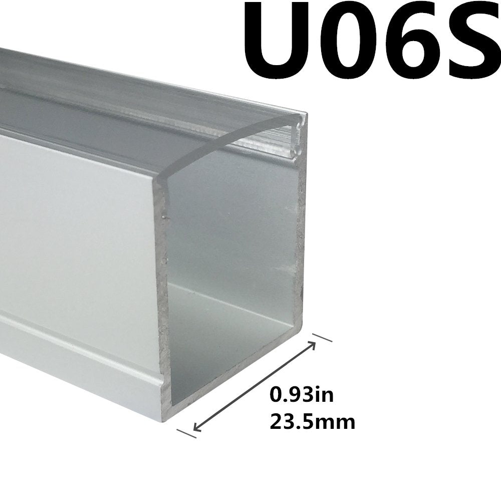 Sliver U06 24 x 24 mm, silberner U-förmiger LED-Aluminiumkanal, schwarzes Gehäuse, Innenbreite 20 mm, mit weißer Diffusor-Abdeckung, Endkappen und Befestigungsclips für die punktfreie Installation von LED-Lichtstreifen